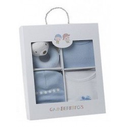 Set textil de regalo nacimiento de 3 piezas + juguete azul de Gamberritos