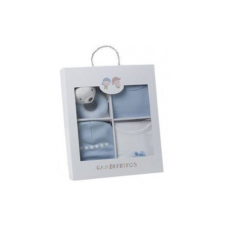 Set textil de regalo nacimiento de 3 piezas + juguete azul de Gamberritos