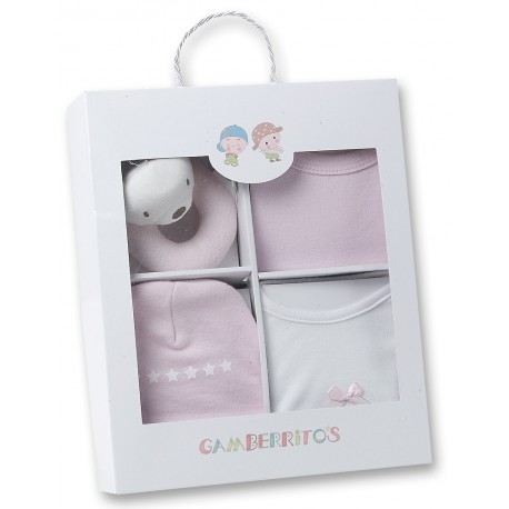 Set textil de regalo nacimiento de 3 piezas + juguete rosa de Gamberritos